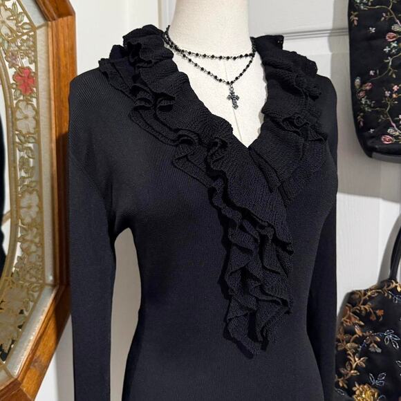 VTG Y2K Items by Michelle Nicole Black Ribbed Ruffle Collar Glam Goth Top L - Picture 2 of 8